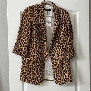 Zara Brown Tan Black Leopard Blazer Coat Top Jacket XS